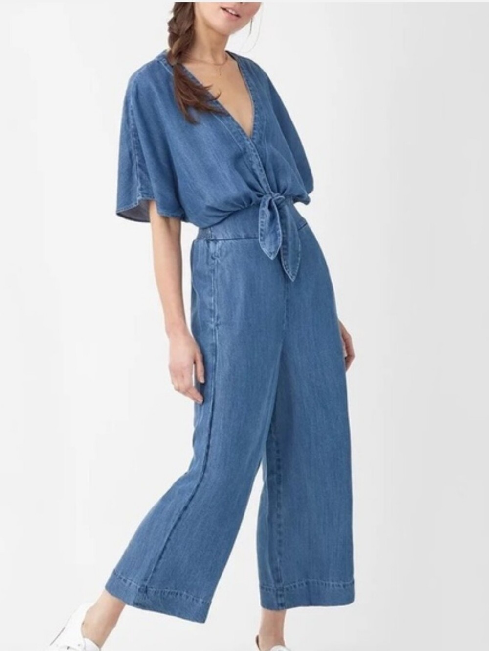 Splendid Desert Batik Tie Waist Wide Crop Leg Blue Chambray Jumpsuit. Size xsmal